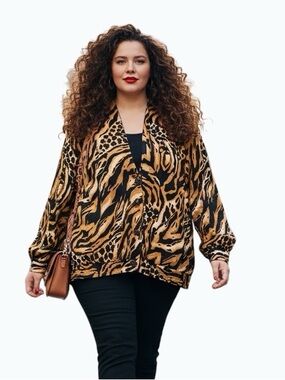 VTG Nygard Collection Tiger Print Oversized Jacket Blouse Size 14